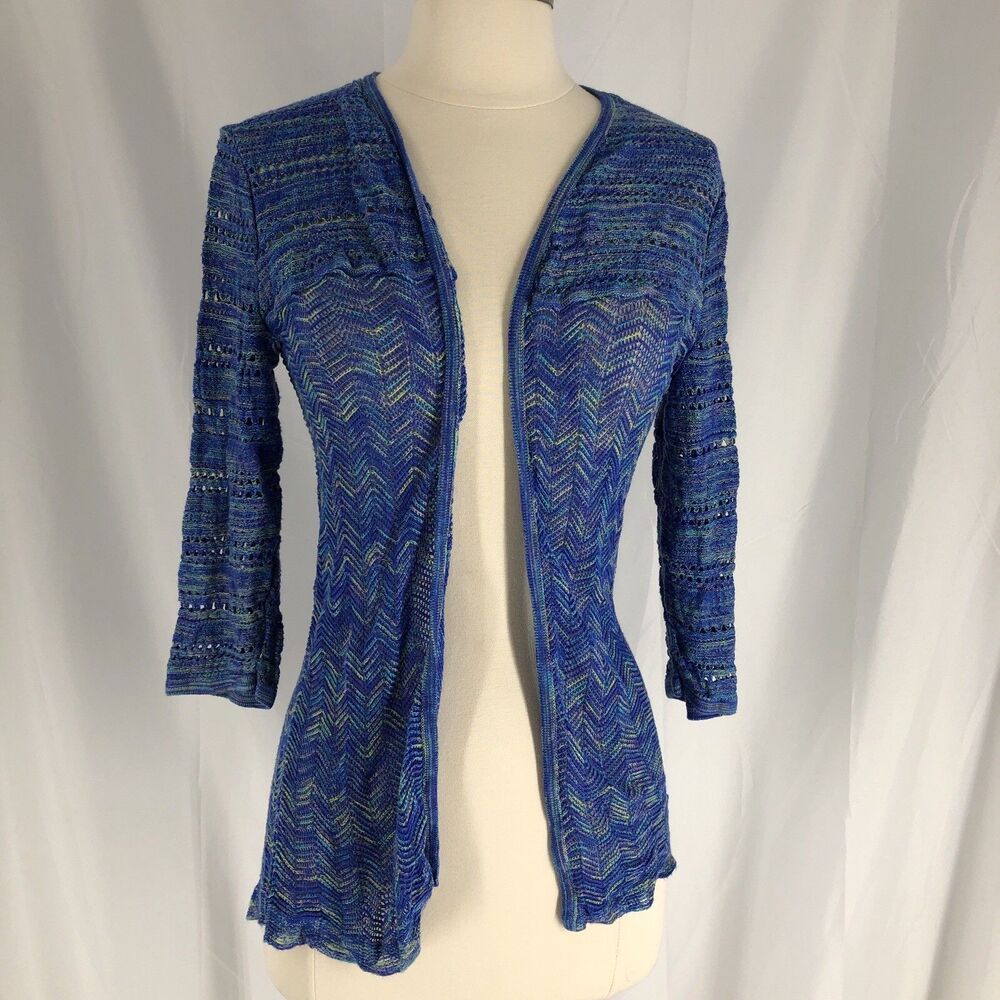 Chico’s Blue Open Knit Weave Cardigan Size 1 Lightweight Textured M Coastal
